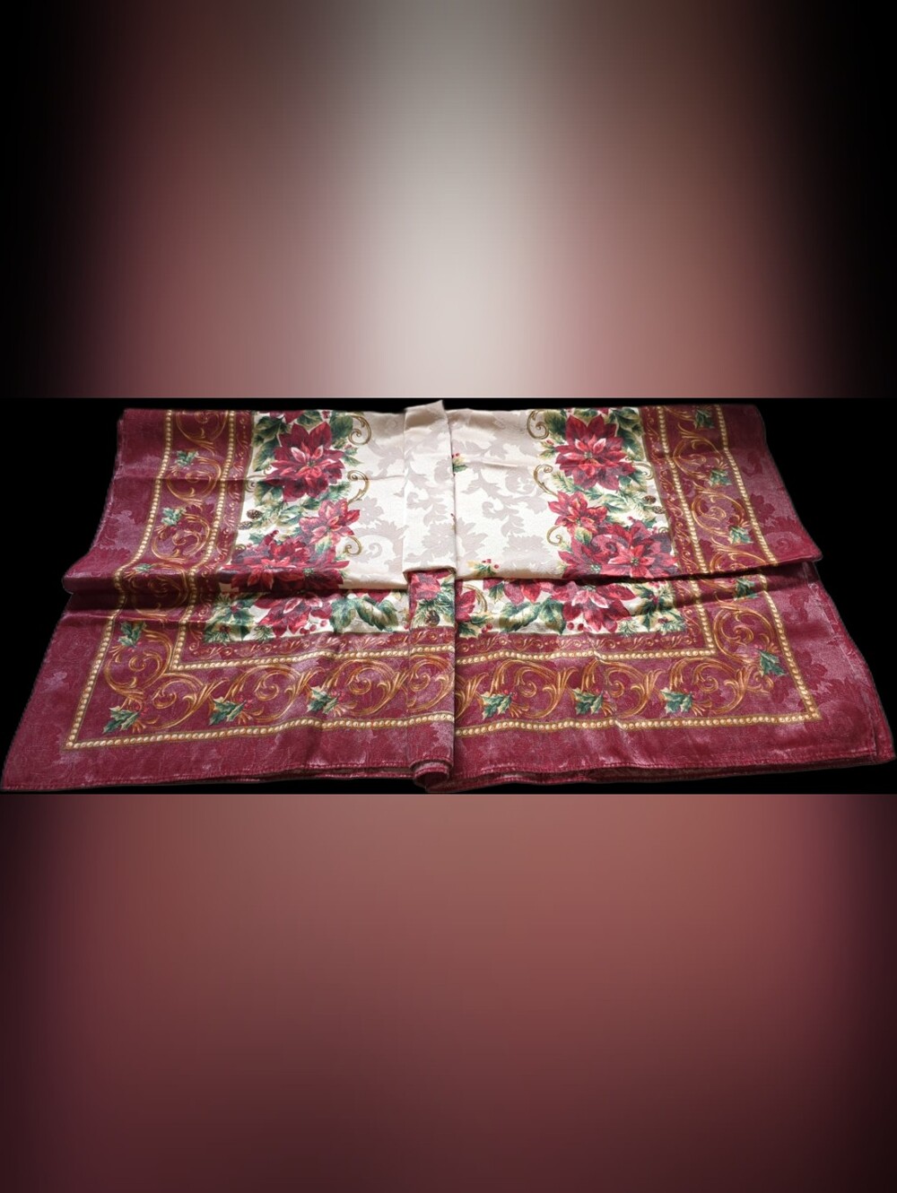 Festive Holiday Vintage Large Tablecloth 82" x 56"  Set in Red, Green & Gold